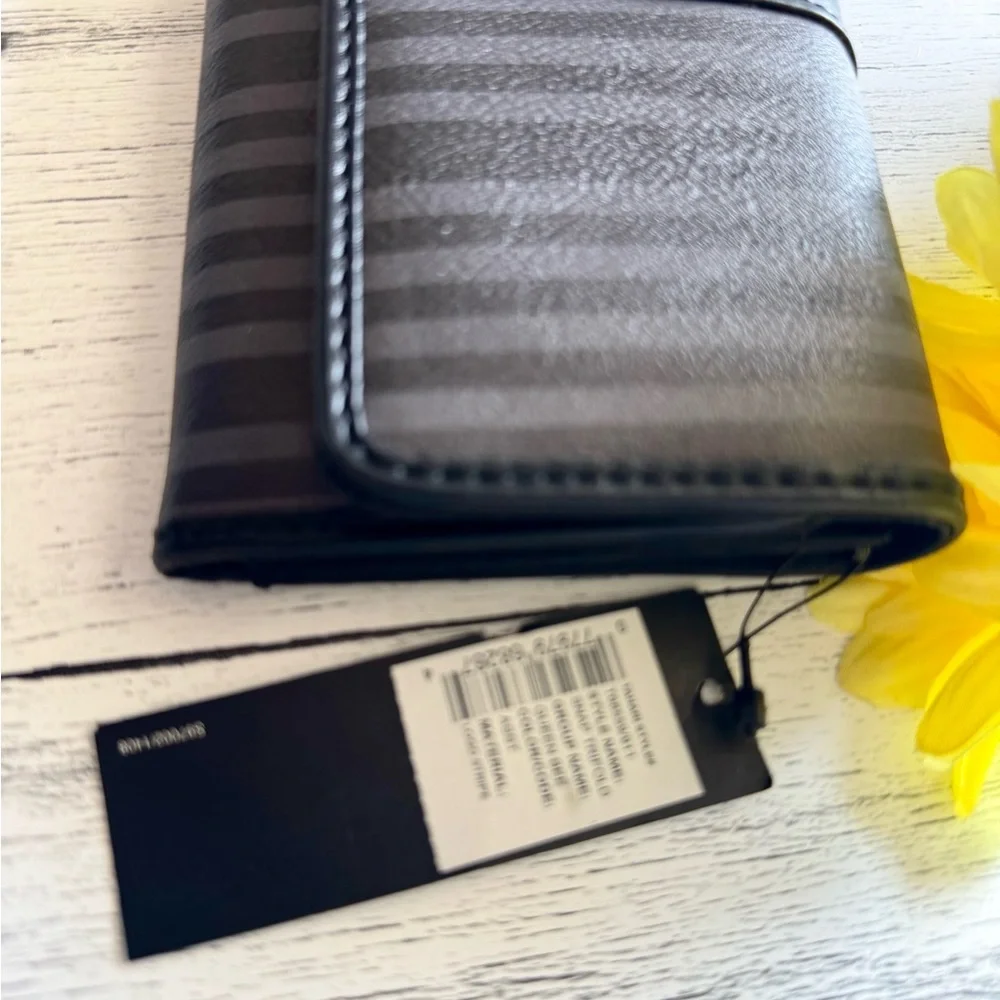 NWT Tahari Black Gray Stripe Tri-Fold Snap Wallet